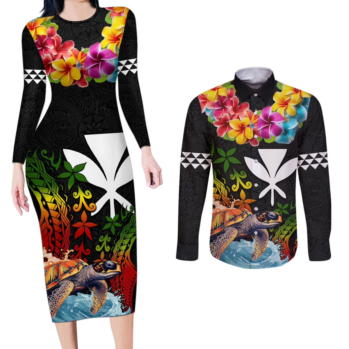 Hawaii Lei Day Couples Matching Long Sleeve Bodycon Dress and Long Sleeve Button Shirt Hibiscus Wreath and Polynesian Pattern