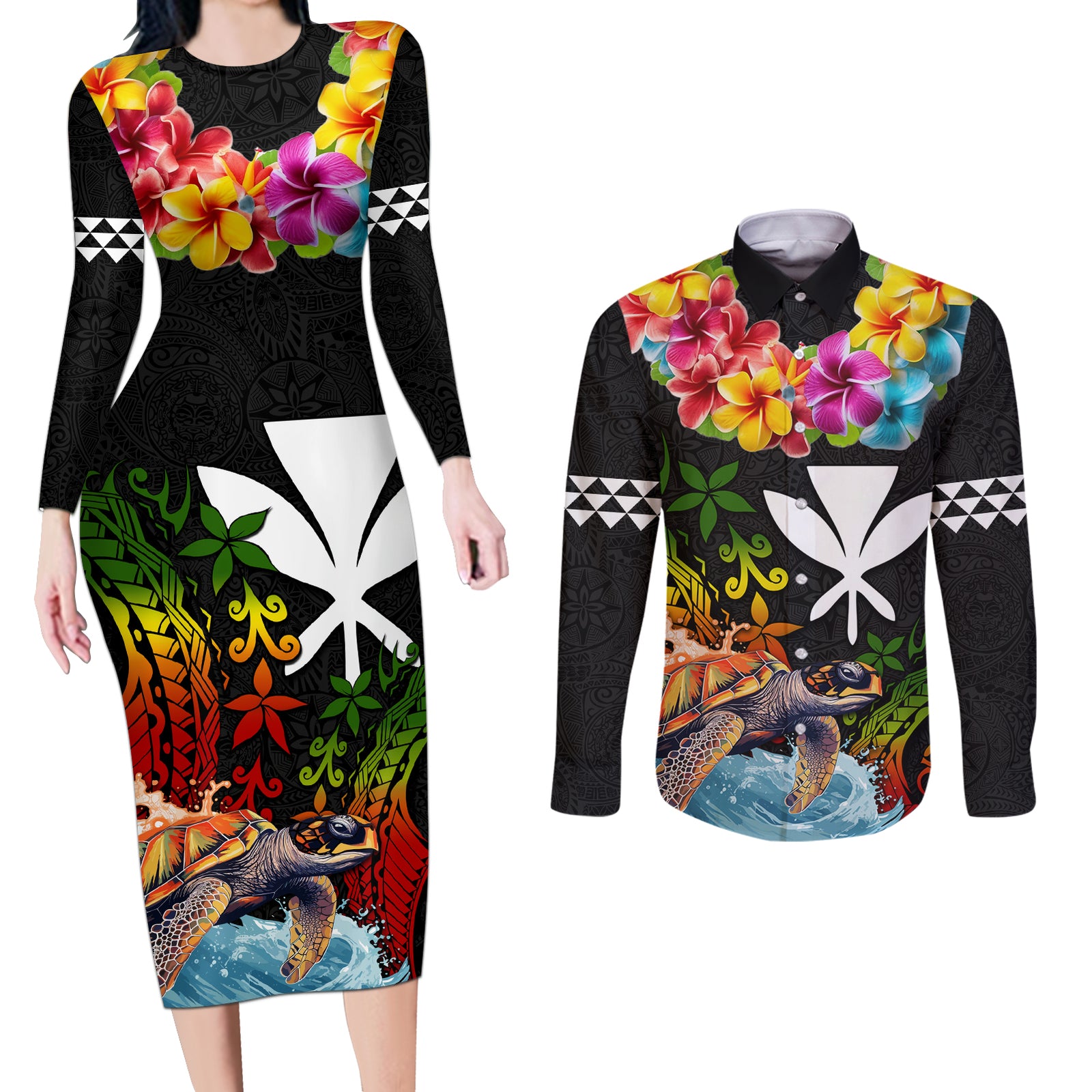 Hawaii Lei Day Couples Matching Long Sleeve Bodycon Dress and Long Sleeve Button Shirt Hibiscus Wreath and Polynesian Pattern