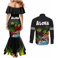 Hawaii Lei Day Couples Matching Mermaid Dress and Long Sleeve Button Shirt Hibiscus Wreath and Polynesian Pattern