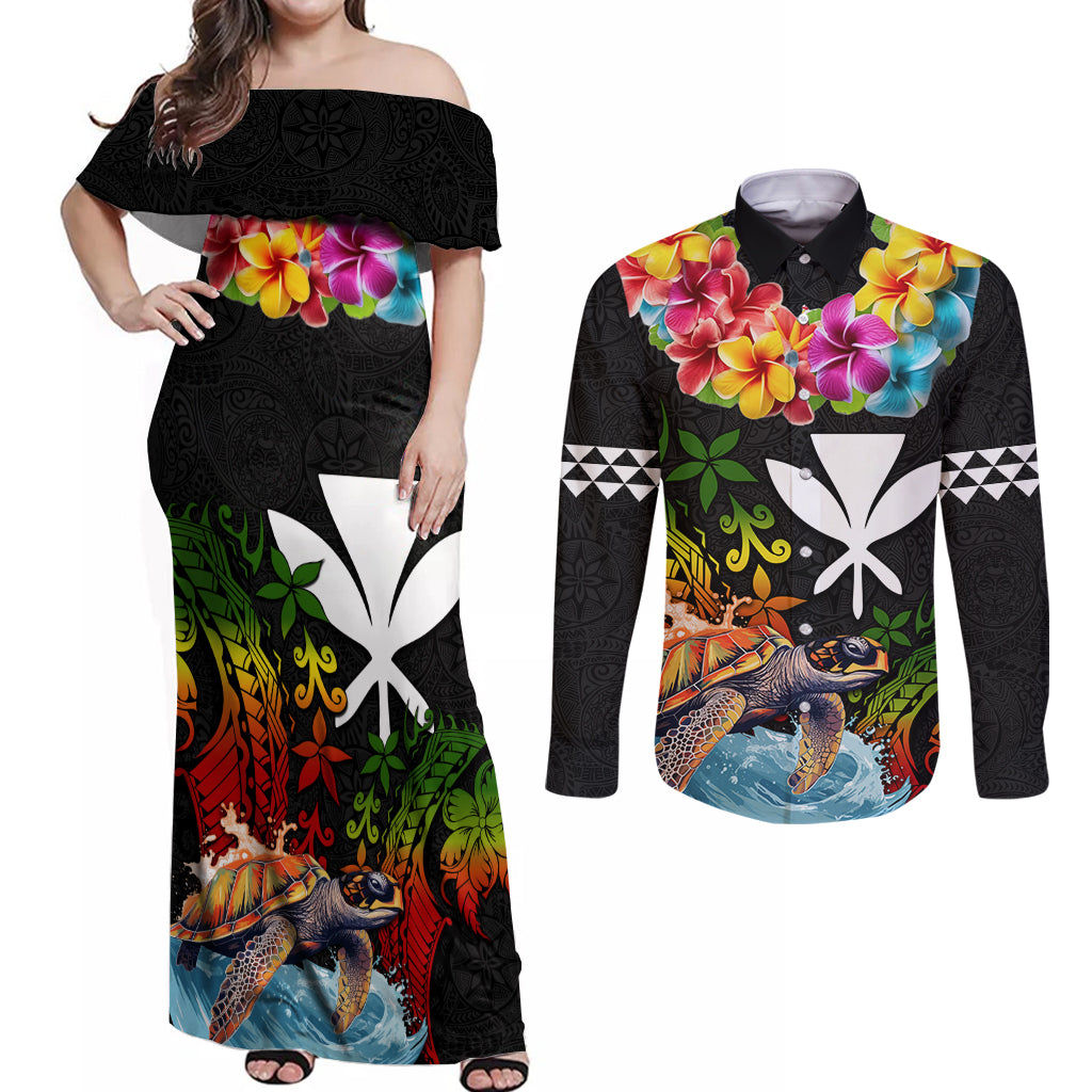 Hawaii Lei Day Couples Matching Off Shoulder Maxi Dress and Long Sleeve Button Shirt Hibiscus Wreath and Polynesian Pattern