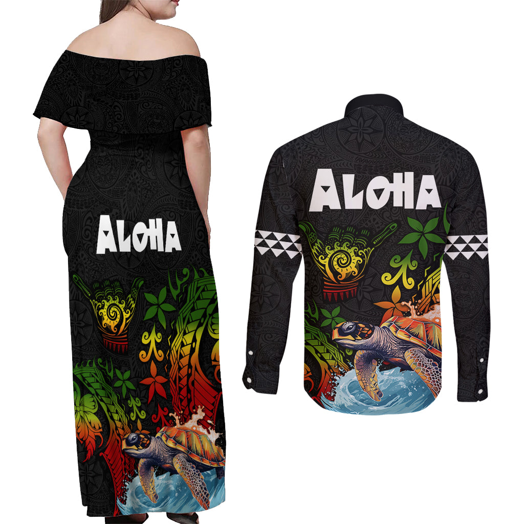 Hawaii Lei Day Couples Matching Off Shoulder Maxi Dress and Long Sleeve Button Shirt Hibiscus Wreath and Polynesian Pattern