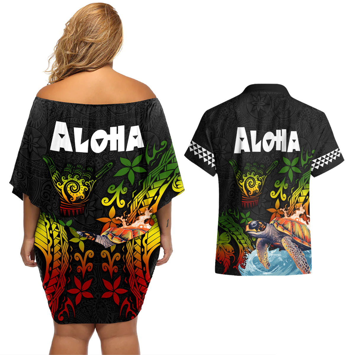 Hawaii Lei Day Couples Matching Off Shoulder Short Dress and Hawaiian Shirt Hibiscus Wreath and Polynesian Pattern