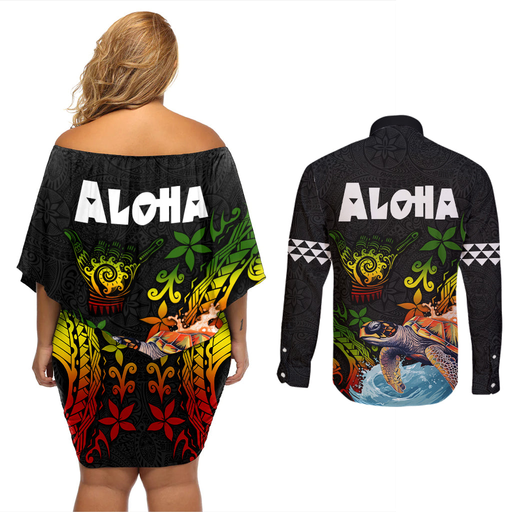 Hawaii Lei Day Couples Matching Off Shoulder Short Dress and Long Sleeve Button Shirt Hibiscus Wreath and Polynesian Pattern