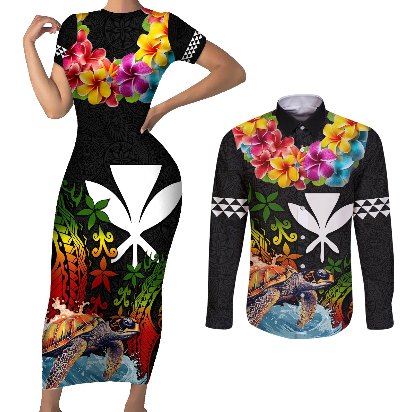 Hawaii Lei Day Couples Matching Short Sleeve Bodycon Dress and Long Sleeve Button Shirt Hibiscus Wreath and Polynesian Pattern