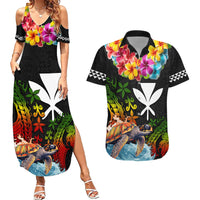 Hawaii Lei Day Couples Matching Summer Maxi Dress and Hawaiian Shirt Hibiscus Wreath and Polynesian Pattern