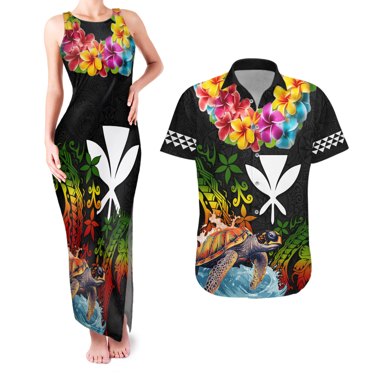 Hawaii Lei Day Couples Matching Tank Maxi Dress and Hawaiian Shirt Hibiscus Wreath and Polynesian Pattern