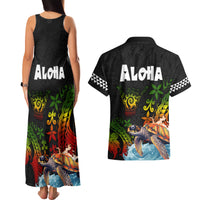 Hawaii Lei Day Couples Matching Tank Maxi Dress and Hawaiian Shirt Hibiscus Wreath and Polynesian Pattern