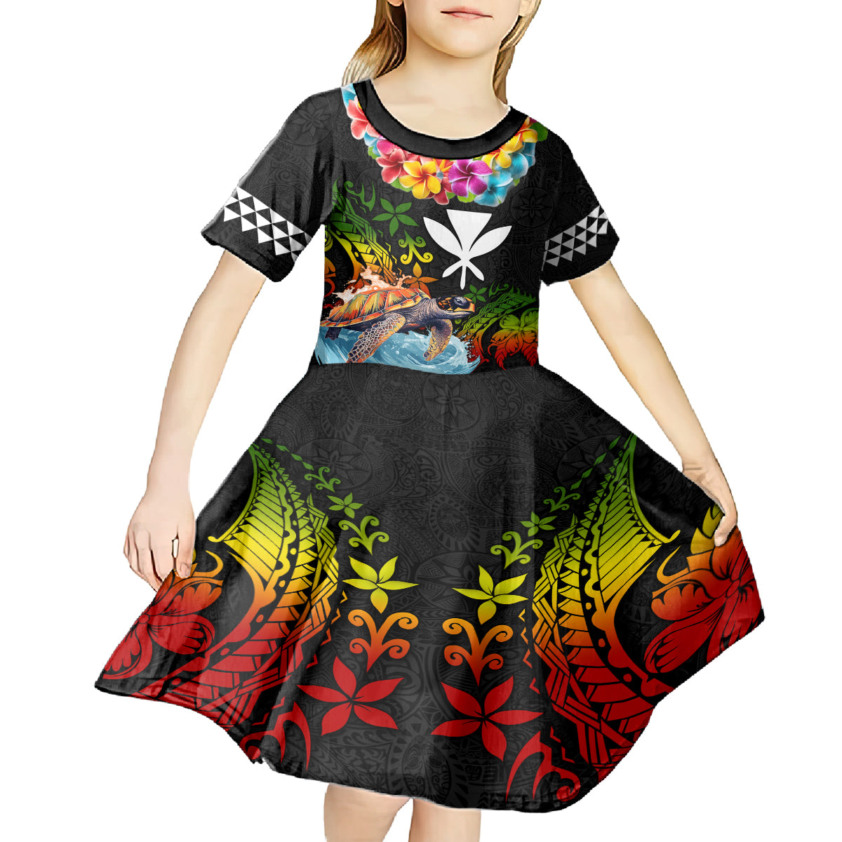 Hawaii Lei Day Kid Short Sleeve Dress Hibiscus Wreath and Polynesian Pattern