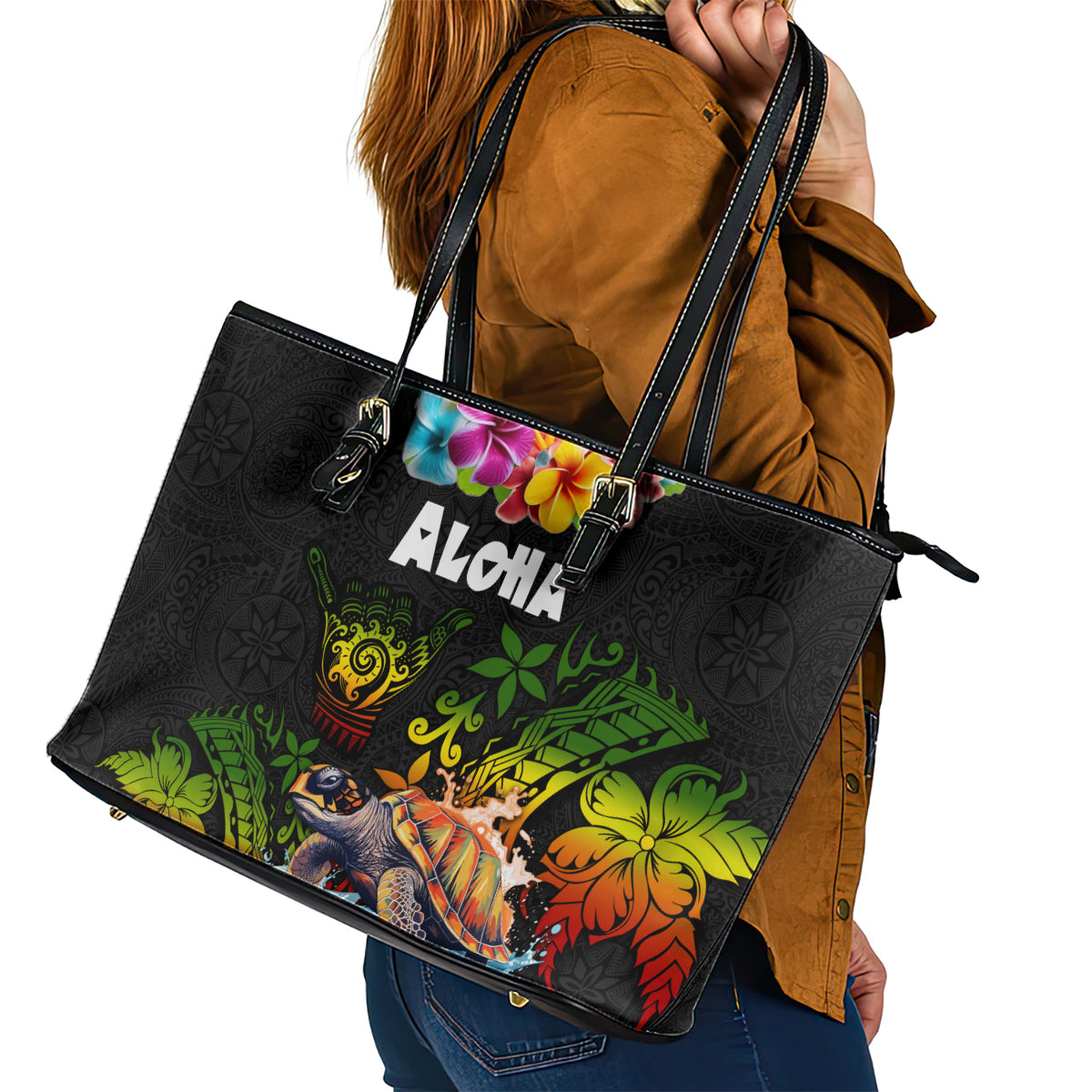 Hawaii Lei Day Leather Tote Bag Hibiscus Wreath and Polynesian Pattern
