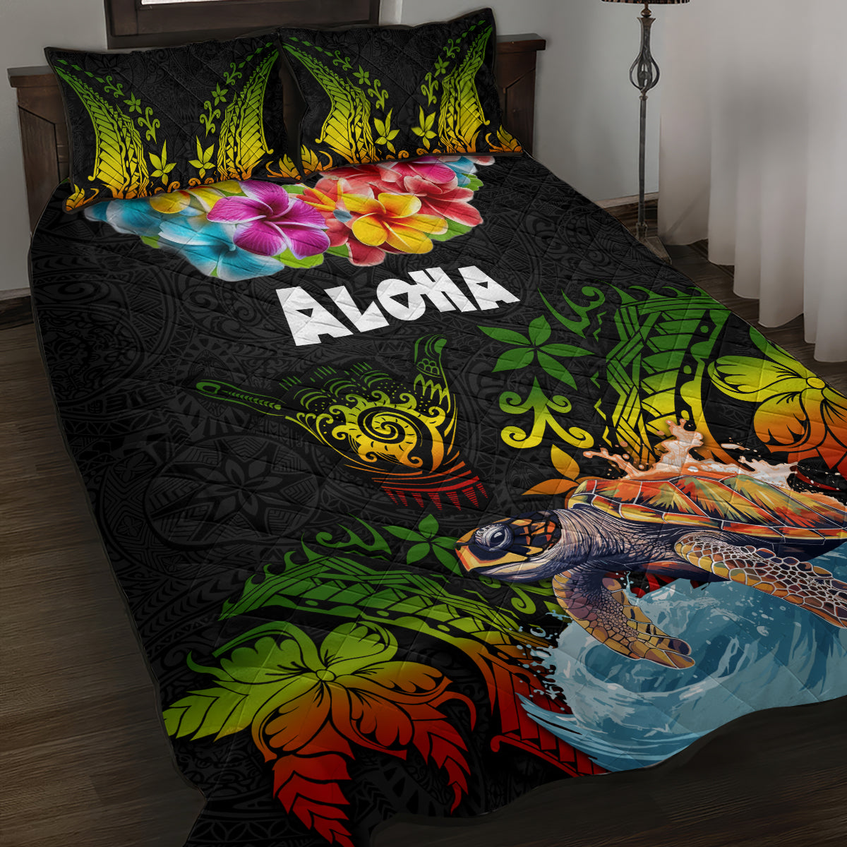 Hawaii Lei Day Quilt Bed Set Hibiscus Wreath and Polynesian Pattern