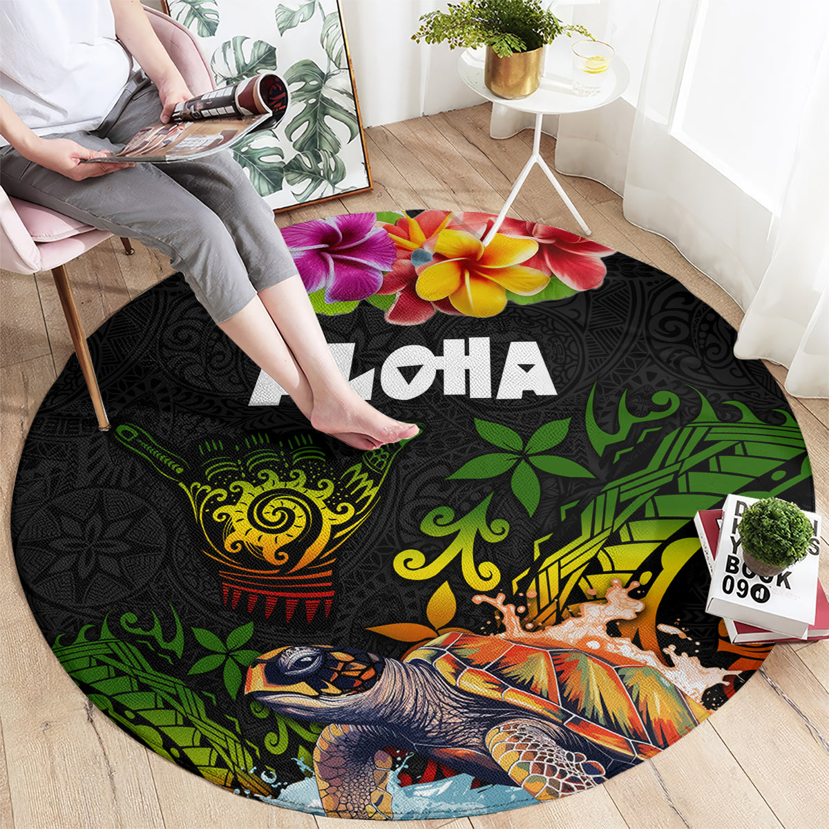 Hawaii Lei Day Round Carpet Hibiscus Wreath and Polynesian Pattern LT03 - Polynesian Pride