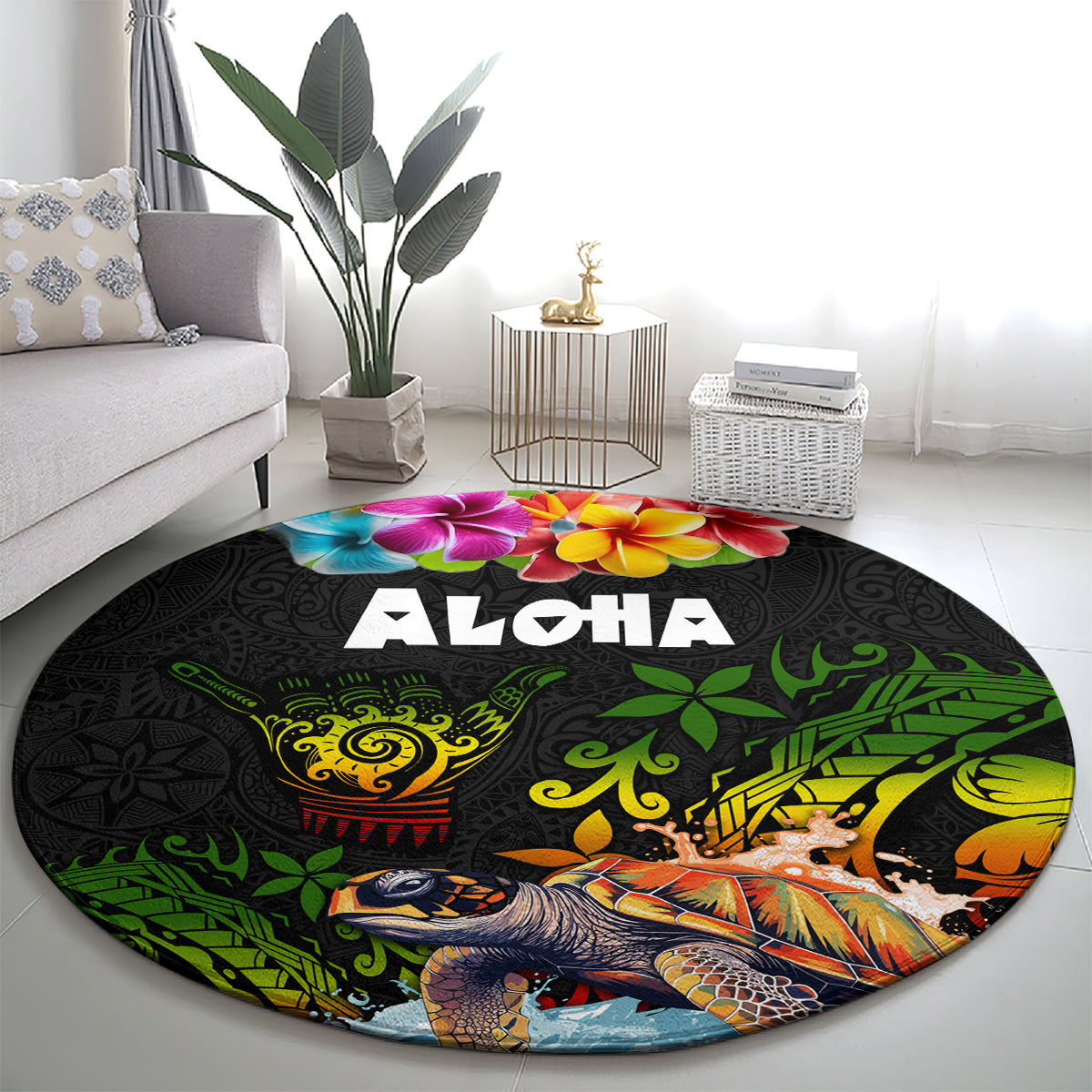 Hawaii Lei Day Round Carpet Hibiscus Wreath and Polynesian Pattern LT03 - Polynesian Pride
