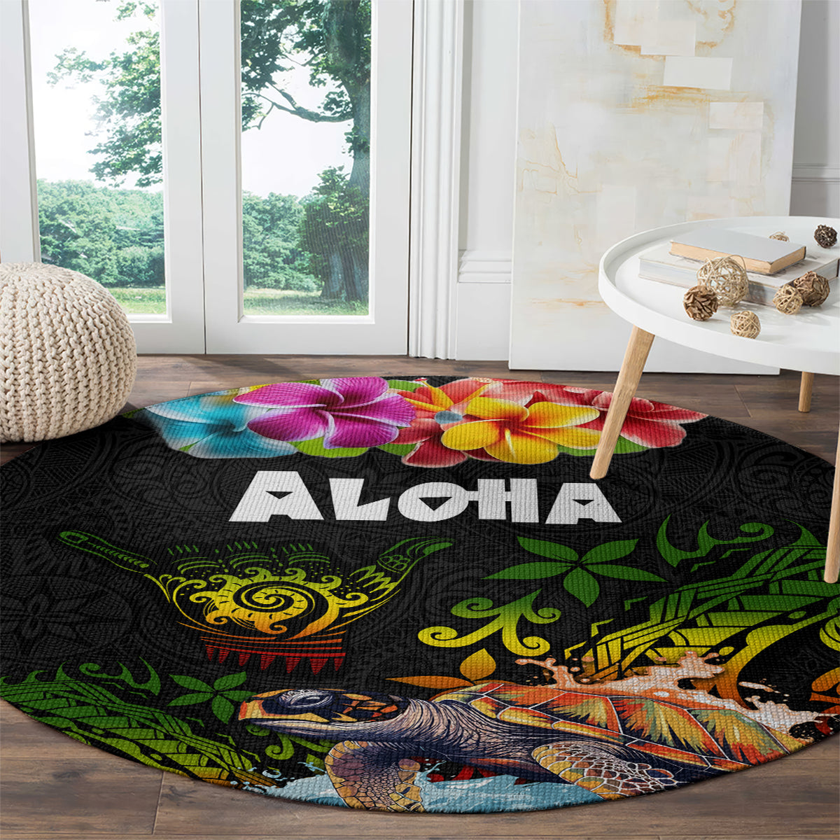 Hawaii Lei Day Round Carpet Hibiscus Wreath and Polynesian Pattern LT03 - Polynesian Pride