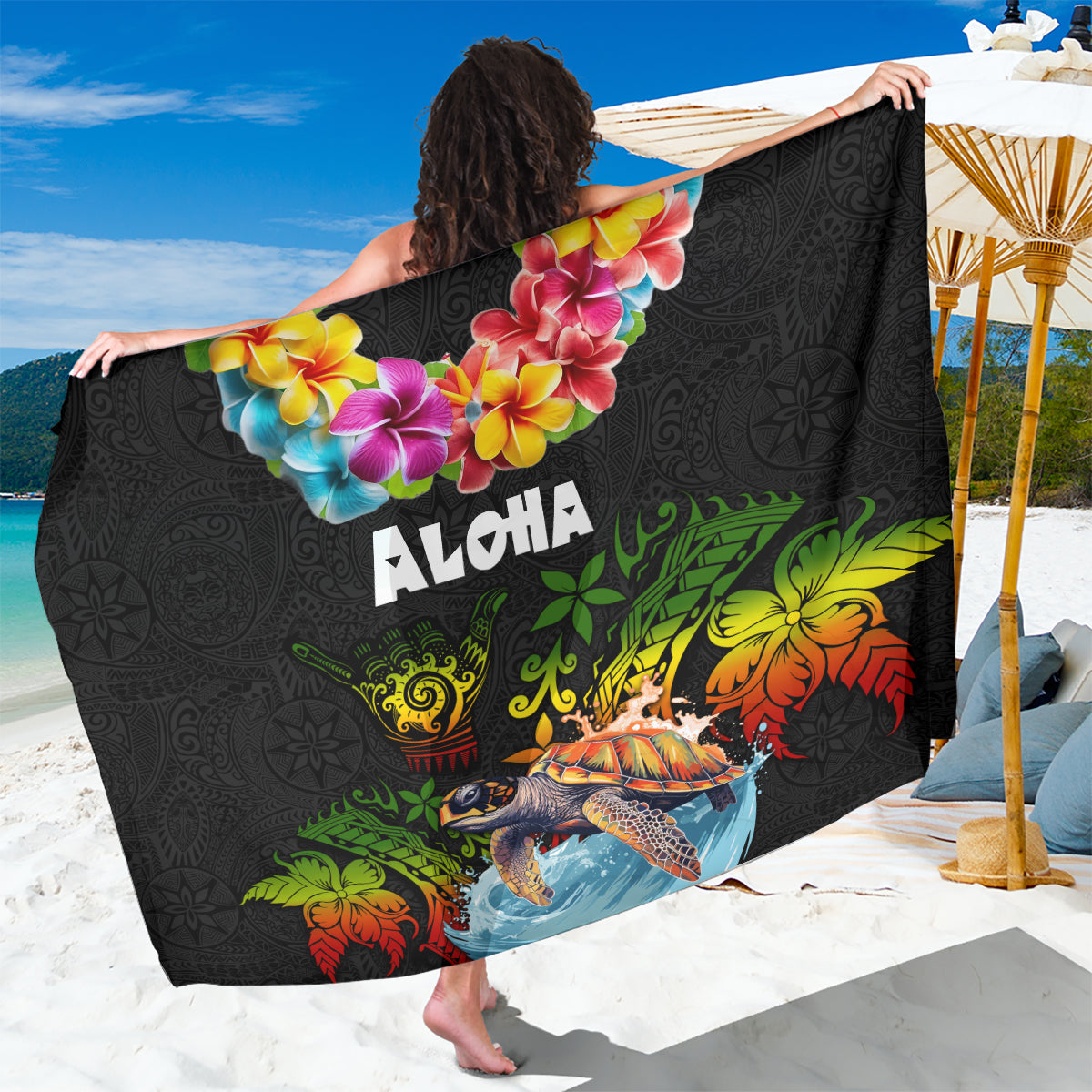 Hawaii Lei Day Sarong Hibiscus Wreath and Polynesian Pattern LT03 One Size 44 x 66 inches Black - Polynesian Pride