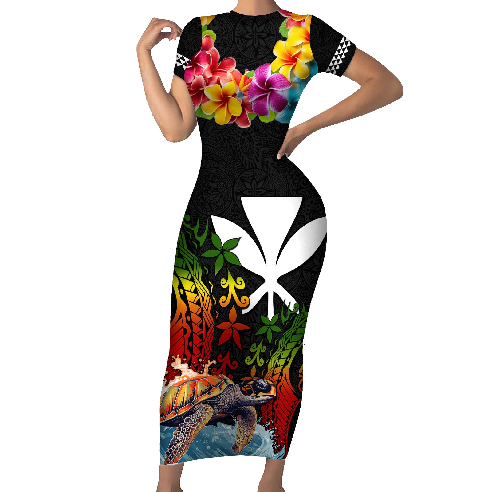 Hawaii Lei Day Short Sleeve Bodycon Dress Hibiscus Wreath and Polynesian Pattern
