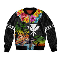 Hawaii Lei Day Sleeve Zip Bomber Jacket Hibiscus Wreath and Polynesian Pattern