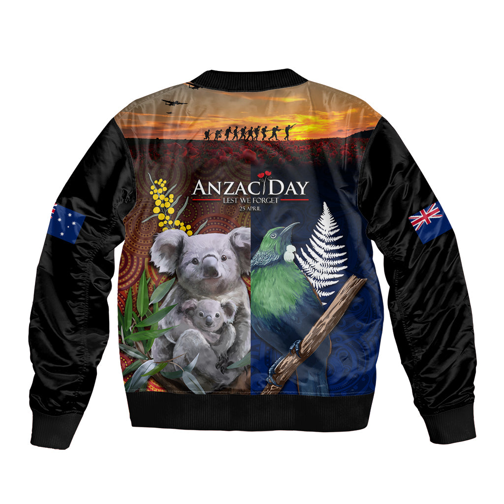 Australia and New Zealand ANZAC Day Bomber Jacket Tui Bird and Koala mix Maori and Aboriginal Pattern