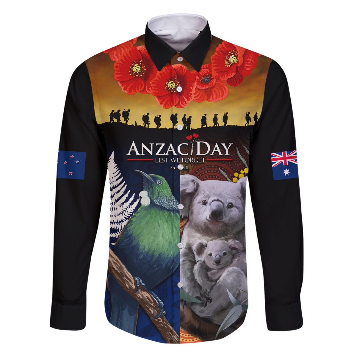 Australia and New Zealand ANZAC Day Family Matching Mermaid Dress and Hawaiian Shirt Tui Bird and Koala mix Maori and Aboriginal Pattern