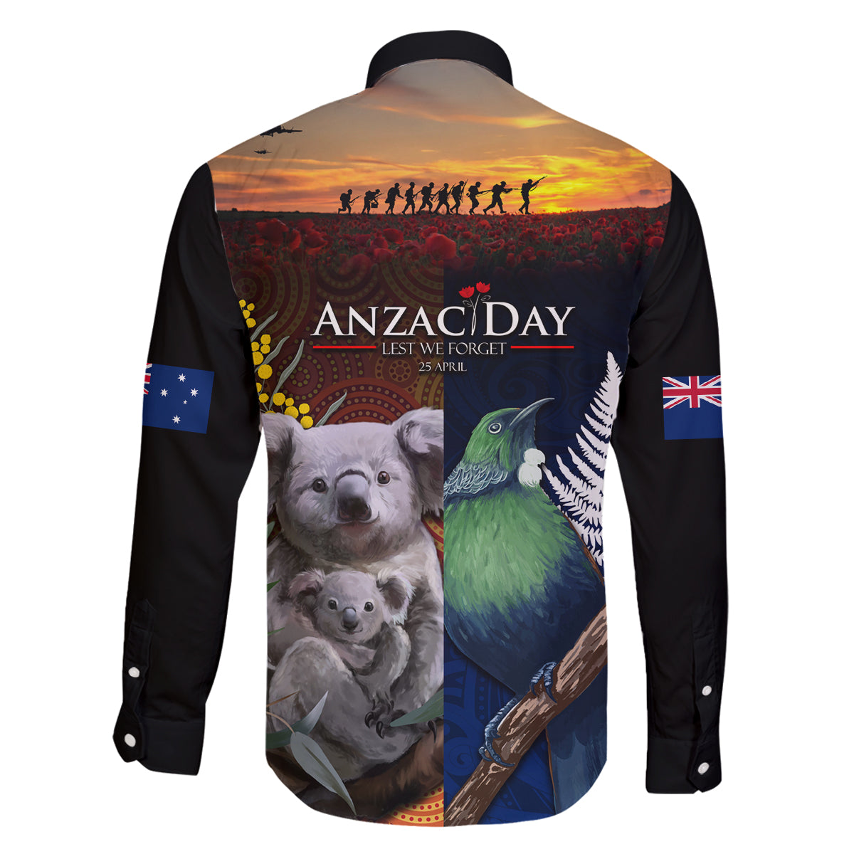 Australia and New Zealand ANZAC Day Family Matching Mermaid Dress and Hawaiian Shirt Tui Bird and Koala mix Maori and Aboriginal Pattern