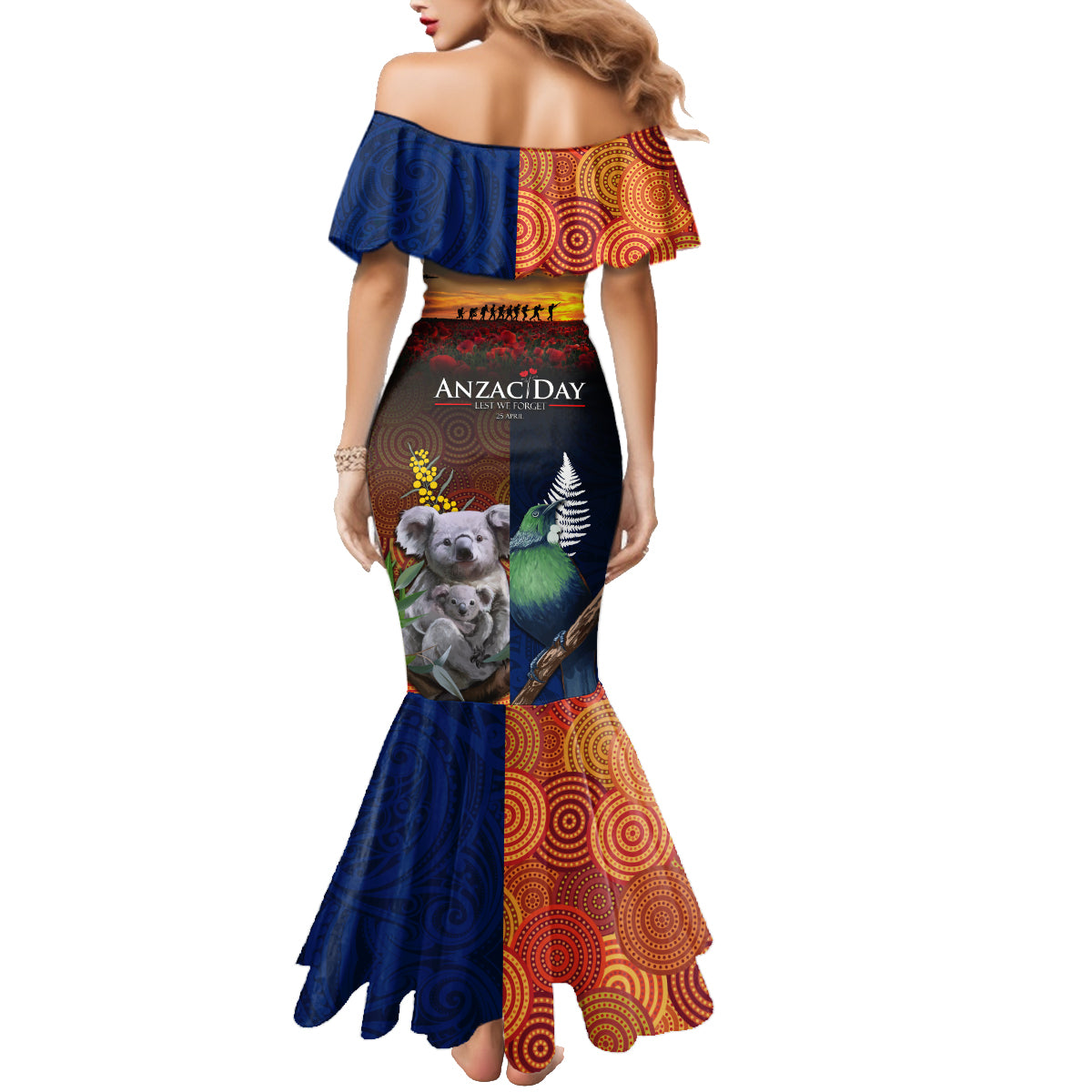 Australia and New Zealand ANZAC Day Family Matching Mermaid Dress and Hawaiian Shirt Tui Bird and Koala mix Maori and Aboriginal Pattern