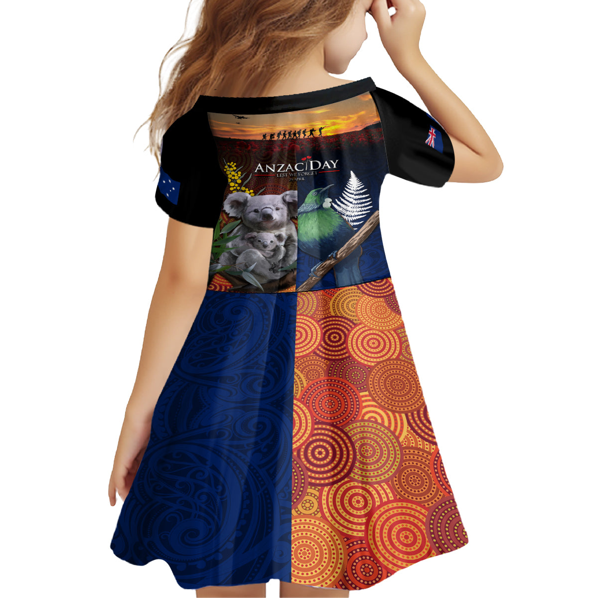 Australia and New Zealand ANZAC Day Family Matching Off Shoulder Short Dress and Hawaiian Shirt Tui Bird and Koala mix Maori and Aboriginal Pattern