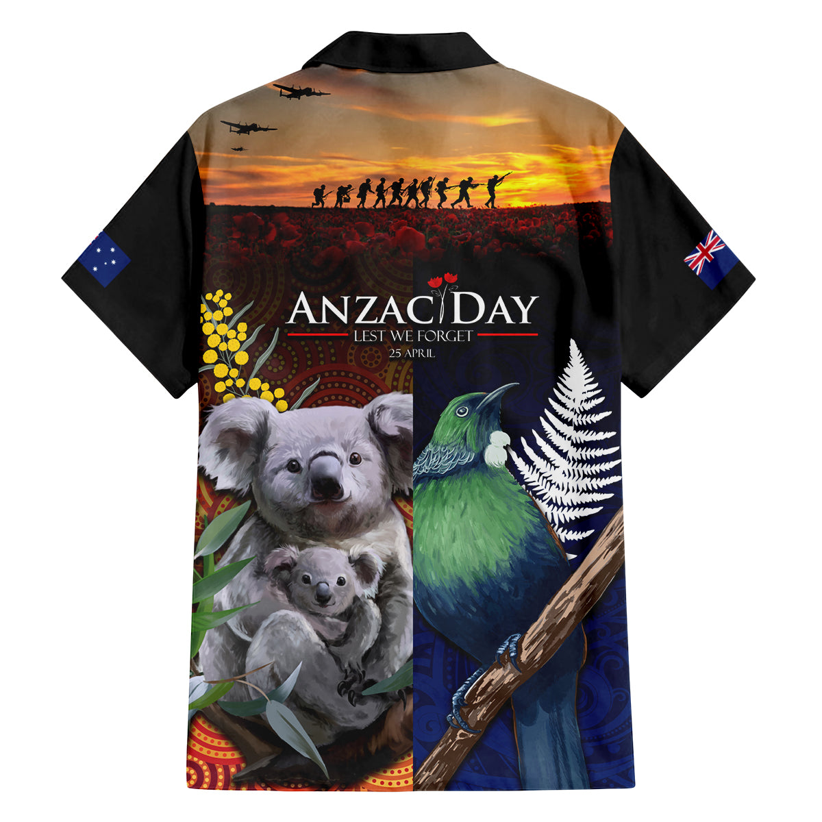Australia and New Zealand ANZAC Day Family Matching Puletasi and Hawaiian Shirt Tui Bird and Koala mix Maori and Aboriginal Pattern