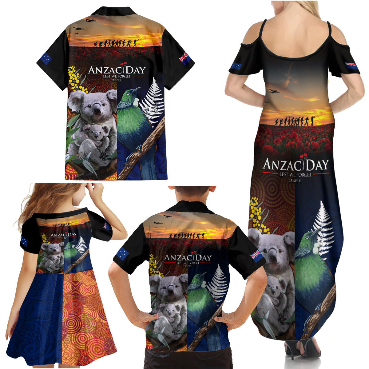Australia and New Zealand ANZAC Day Family Matching Summer Maxi Dress and Hawaiian Shirt Tui Bird and Koala mix Maori and Aboriginal Pattern
