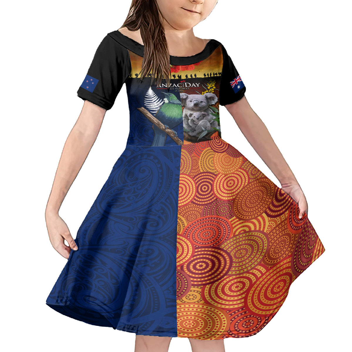 Australia and New Zealand ANZAC Day Family Matching Tank Maxi Dress and Hawaiian Shirt Tui Bird and Koala mix Maori and Aboriginal Pattern