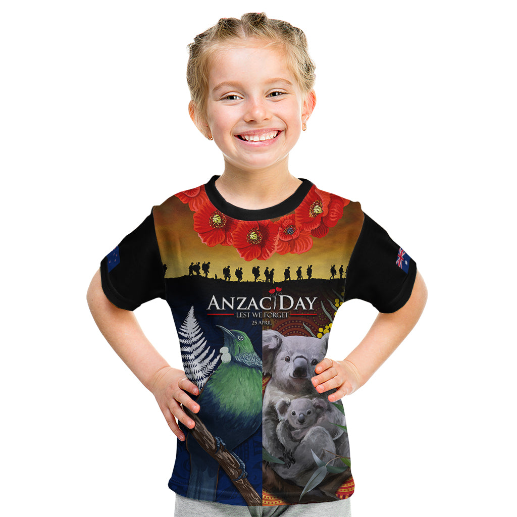 Australia and New Zealand ANZAC Day Kid T Shirt Tui Bird and Koala mix Maori and Aboriginal Pattern LT03 Black - Polynesian Pride