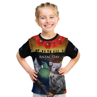 Australia and New Zealand ANZAC Day Kid T Shirt Tui Bird and Koala mix Maori and Aboriginal Pattern LT03 Black - Polynesian Pride