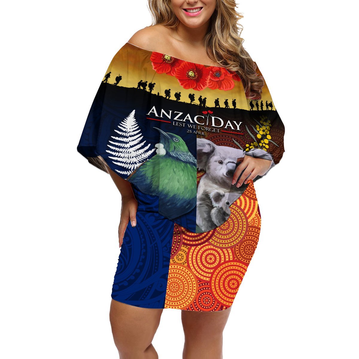 Australia and New Zealand ANZAC Day Off Shoulder Short Dress Tui Bird and Koala mix Maori and Aboriginal Pattern LT03 Women Black - Polynesian Pride