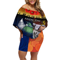 Australia and New Zealand ANZAC Day Off Shoulder Short Dress Tui Bird and Koala mix Maori and Aboriginal Pattern LT03 Women Black - Polynesian Pride