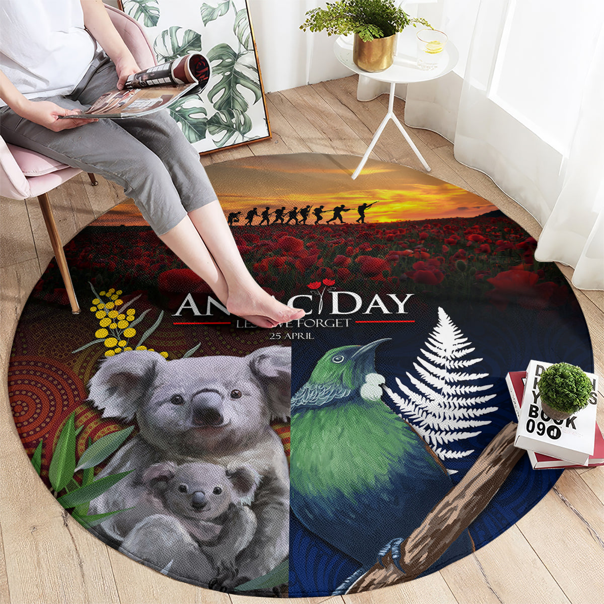 Australia and New Zealand ANZAC Day Round Carpet Tui Bird and Koala mix Maori and Aboriginal Pattern LT03 - Polynesian Pride