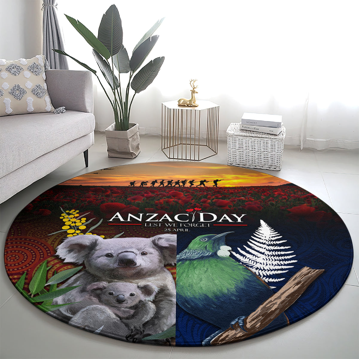 Australia and New Zealand ANZAC Day Round Carpet Tui Bird and Koala mix Maori and Aboriginal Pattern LT03 - Polynesian Pride