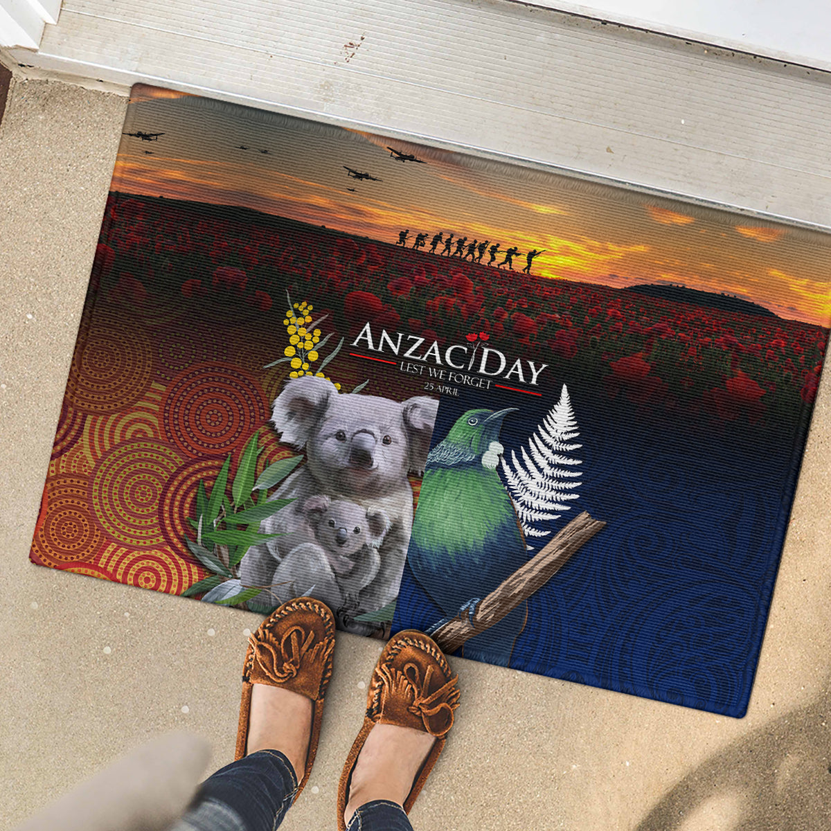 Australia and New Zealand ANZAC Day Rubber Doormat Tui Bird and Koala mix Maori and Aboriginal Pattern LT03 - Polynesian Pride