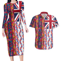 Hawaiian Lei Couples Matching Long Sleeve Bodycon Dress and Hawaiian Shirt National Flag Striped Style