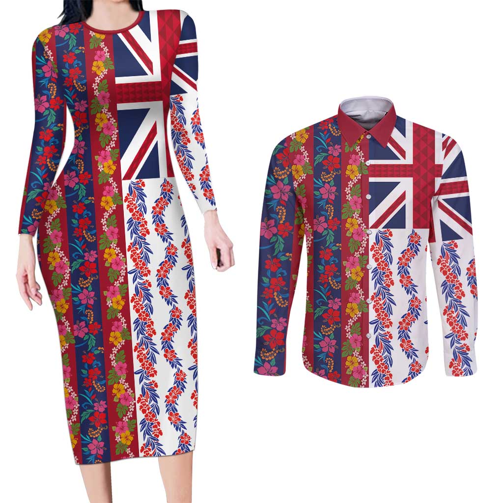 Hawaiian Lei Couples Matching Long Sleeve Bodycon Dress and Long Sleeve Button Shirt National Flag Striped Style