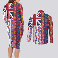Hawaiian Lei Couples Matching Long Sleeve Bodycon Dress and Long Sleeve Button Shirt National Flag Striped Style