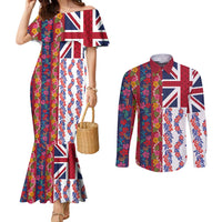 Hawaiian Lei Couples Matching Mermaid Dress and Long Sleeve Button Shirt National Flag Striped Style