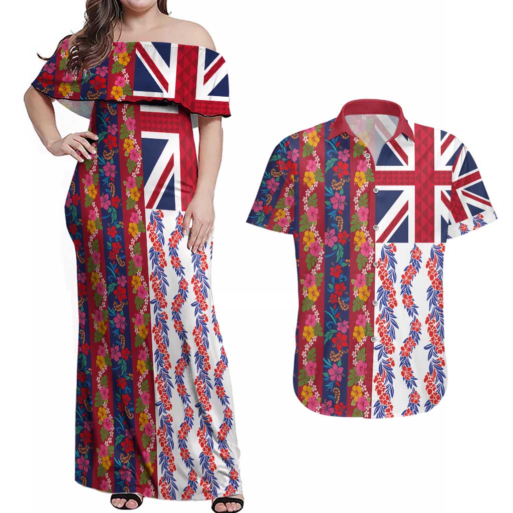 Hawaiian Lei Couples Matching Off Shoulder Maxi Dress and Hawaiian Shirt National Flag Striped Style