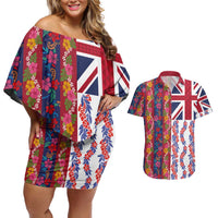 Hawaiian Lei Couples Matching Off Shoulder Short Dress and Hawaiian Shirt National Flag Striped Style