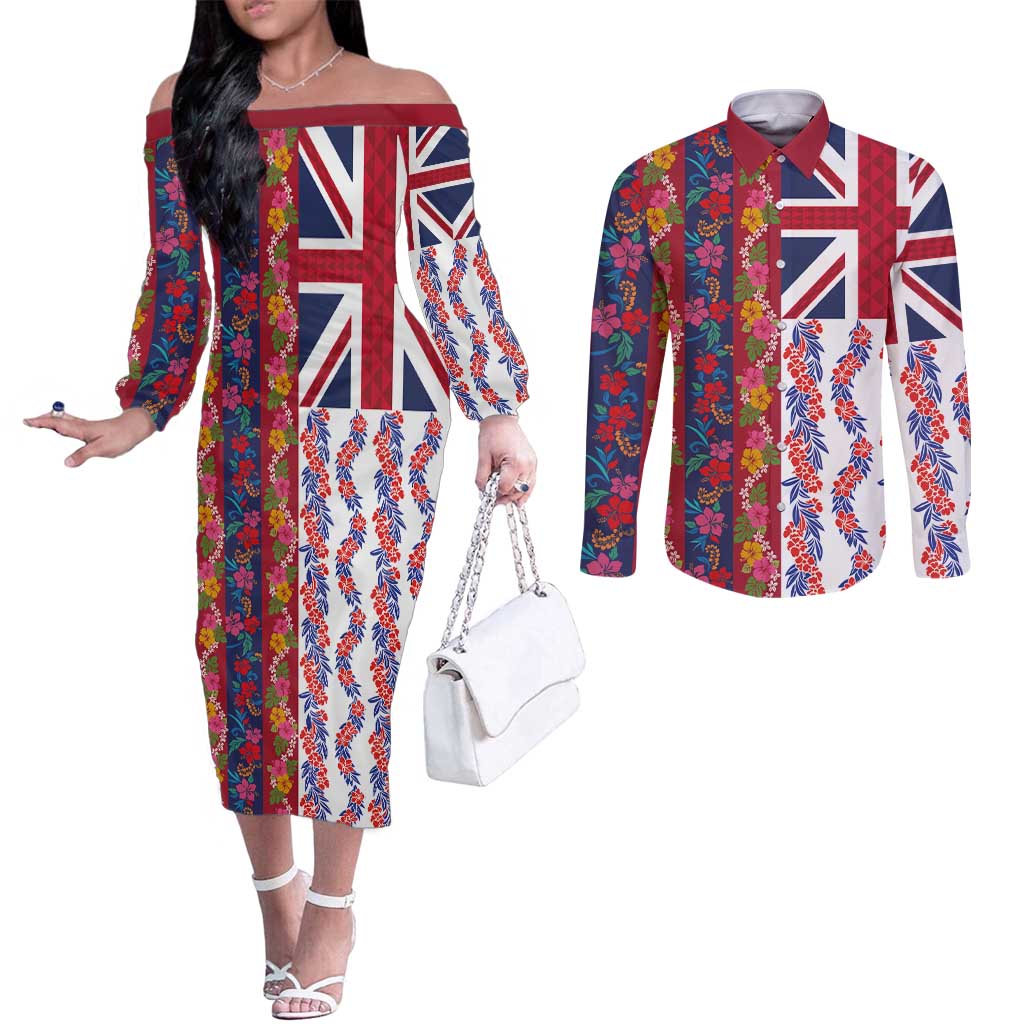 Hawaiian Lei Couples Matching Off The Shoulder Long Sleeve Dress and Long Sleeve Button Shirt National Flag Striped Style
