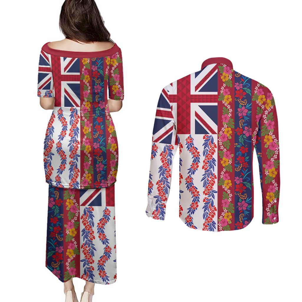 Hawaiian Lei Couples Matching Puletasi and Long Sleeve Button Shirt National Flag Striped Style