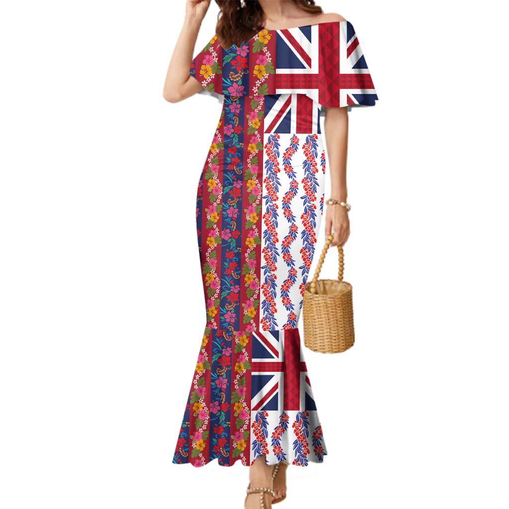 Hawaiian Lei Family Matching Mermaid Dress and Hawaiian Shirt National Flag Striped Style