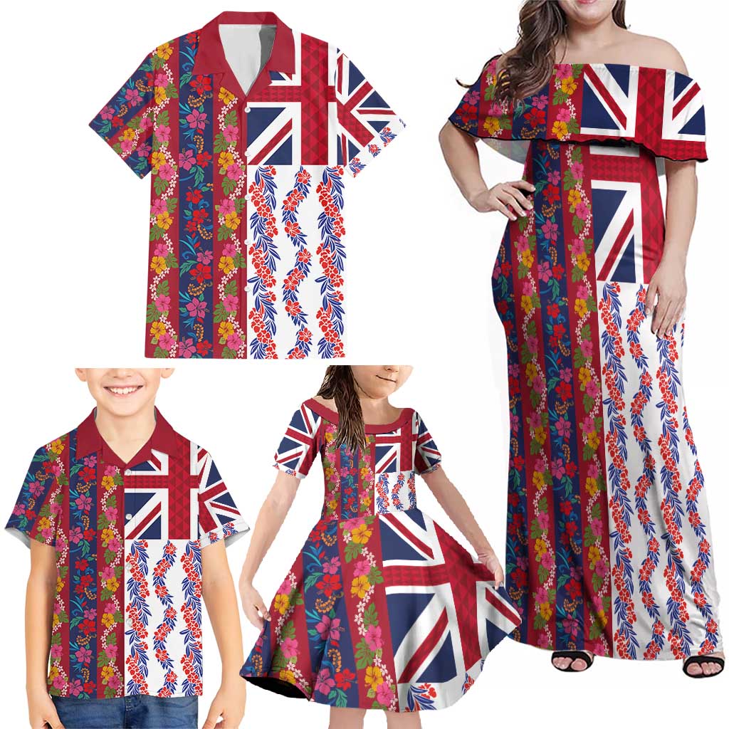 Hawaiian Lei Family Matching Off Shoulder Maxi Dress and Hawaiian Shirt National Flag Striped Style