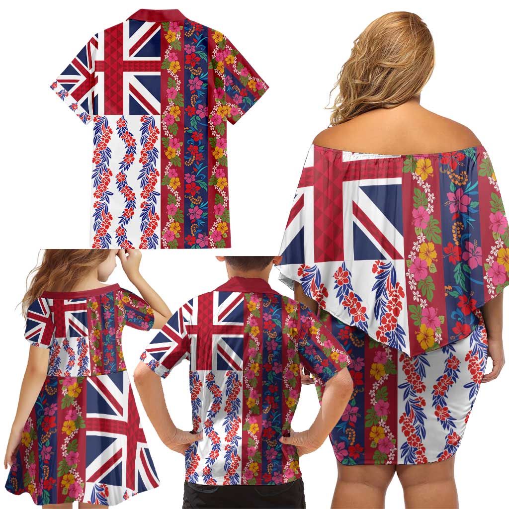 Hawaiian Lei Family Matching Off Shoulder Short Dress and Hawaiian Shirt National Flag Striped Style