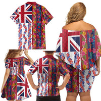 Hawaiian Lei Family Matching Off Shoulder Short Dress and Hawaiian Shirt National Flag Striped Style