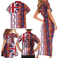Hawaiian Lei Family Matching Short Sleeve Bodycon Dress and Hawaiian Shirt National Flag Striped Style