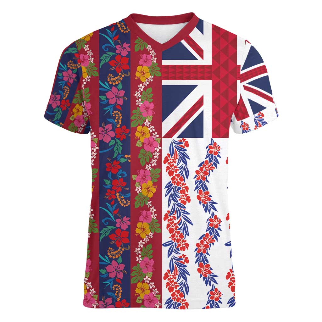 Hawaiian Lei Women V-Neck T-Shirt National Flag Striped Style