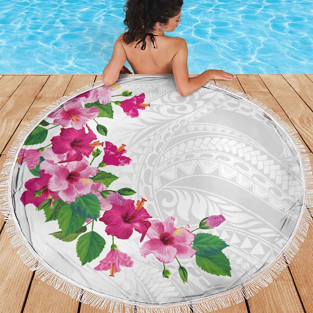 Hawaiian Hibiscus and Art Polynesian Tattoo Beach Blanket White Color